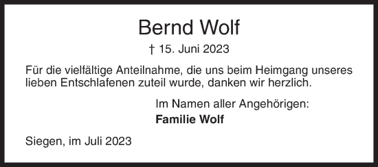 Traueranzeige von Bernd Wolf von Siegener Zeitung