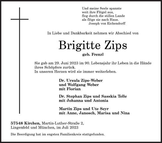 Traueranzeige von Brigitte Zips von Siegener Zeitung