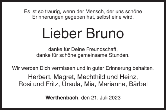 Traueranzeige von Bruno  von Siegener Zeitung
