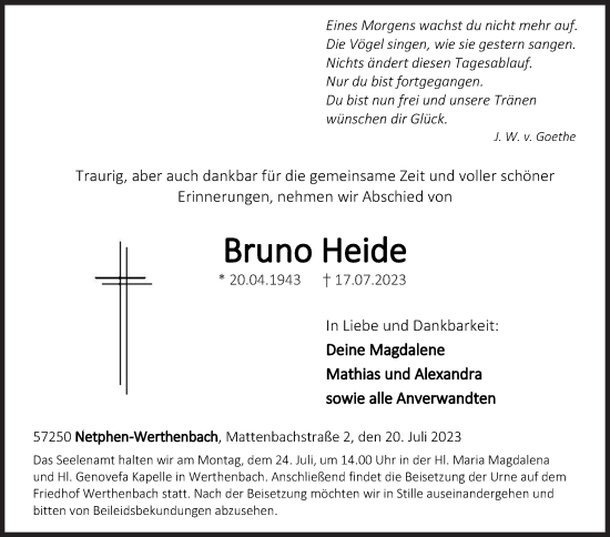 Traueranzeige von Bruno Heide von Siegener Zeitung
