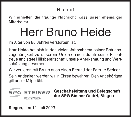 Traueranzeige von Bruno Heide von Siegener Zeitung