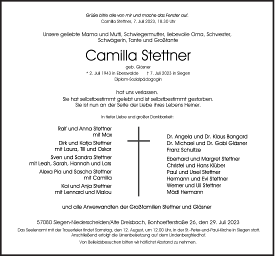 Traueranzeige von Camilla Stettner von Siegener Zeitung