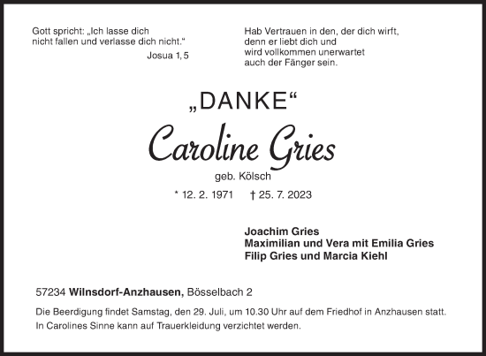 Traueranzeige von Caroline Gries von Siegener Zeitung