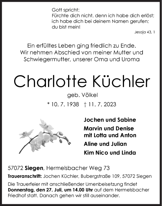 Traueranzeige von Charlotte Küchler von Siegener Zeitung