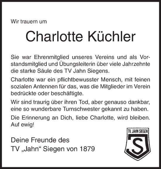 Traueranzeige von Charlotte Küchler von Siegener Zeitung
