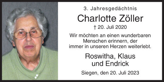 Traueranzeige von Charlotte Zöller von Siegener Zeitung