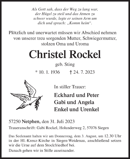 Traueranzeige von Christel Rockel von Siegener Zeitung
