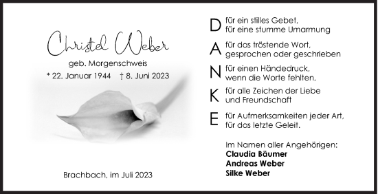 Traueranzeige von Christel Weber von Siegener Zeitung