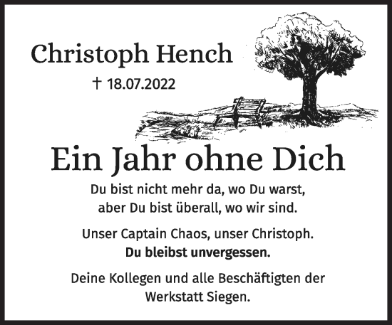Traueranzeige von Christoph Hench von Siegener Zeitung
