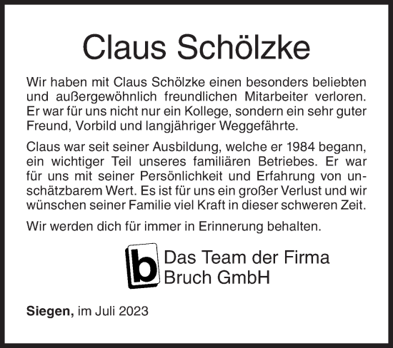 Traueranzeige von Claus Schölzke von Siegener Zeitung