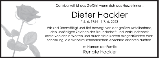 Traueranzeige von Dieter Hackler von Siegener Zeitung
