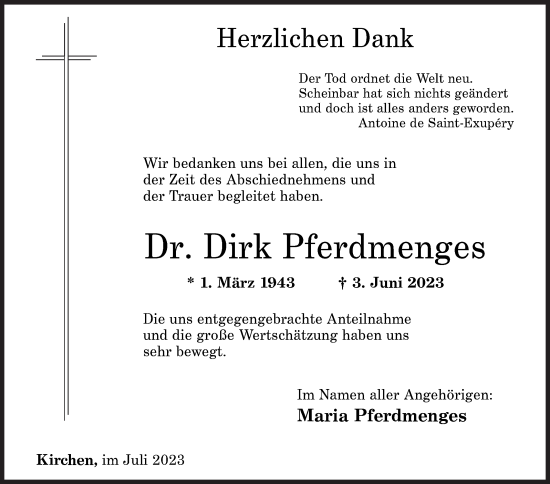 Traueranzeige von Dirk Pferdmenges von Siegener Zeitung