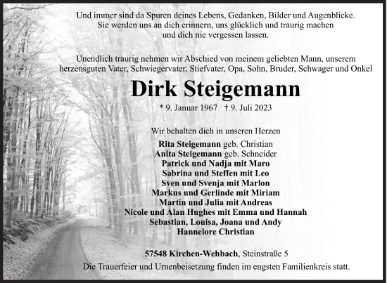 Traueranzeige von Dirk Steigemann von Siegener Zeitung