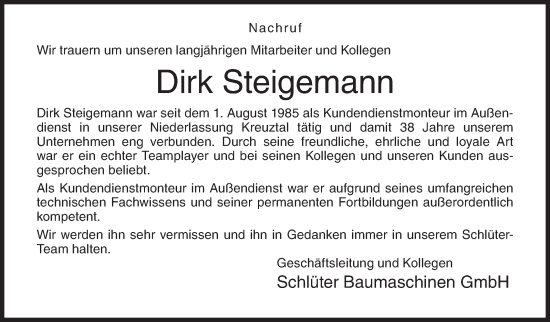 Traueranzeige von Dirk Steigemann von Siegener Zeitung