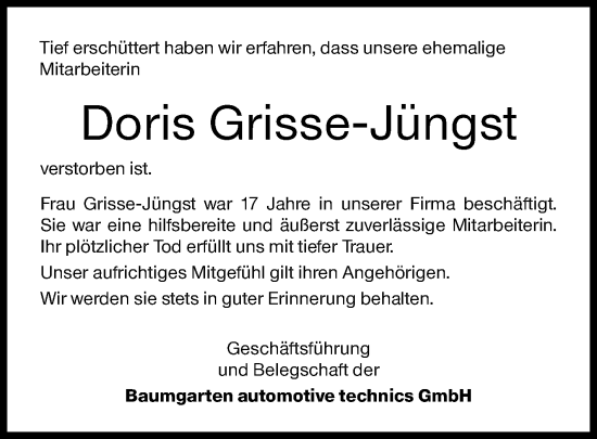 Traueranzeige von Doris Grisse-Jüngst von Siegener Zeitung
