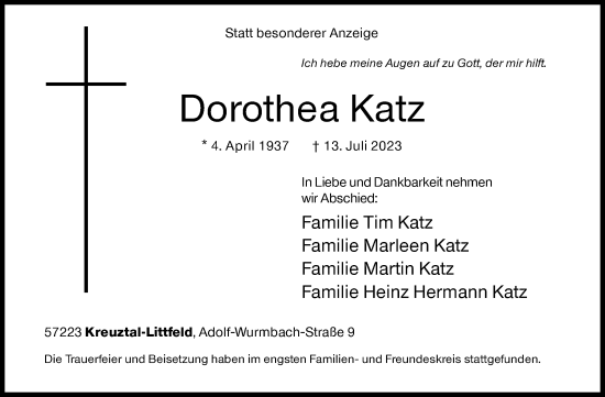 Traueranzeige von Dorothea Katz von Siegener Zeitung