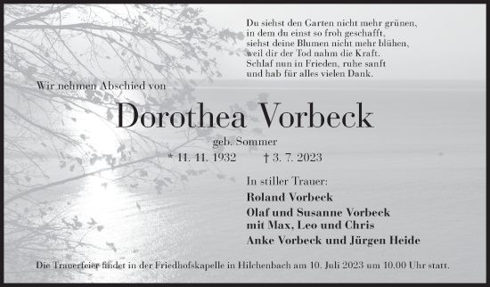 Traueranzeige von Dorothea Vorbeck von Siegener Zeitung