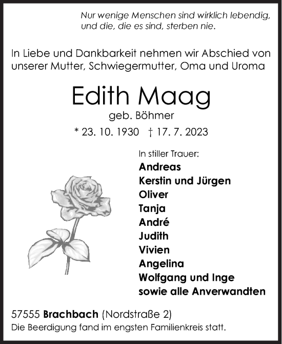 Traueranzeige von Edith Maag von Siegener Zeitung