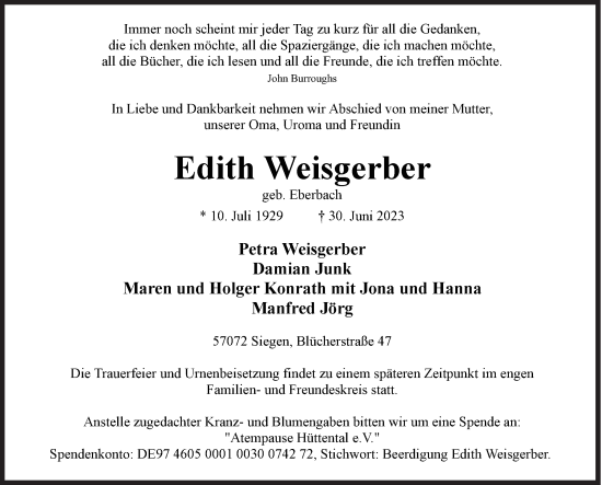 Traueranzeige von Edith Weisgerber von Siegener Zeitung