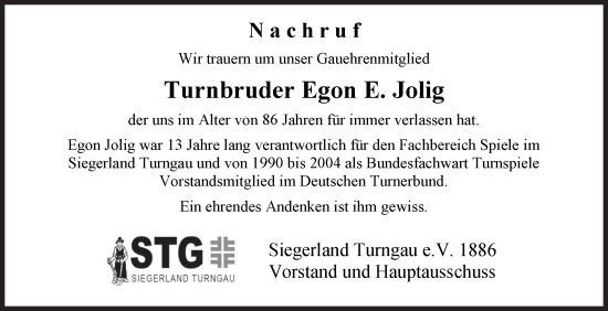 Traueranzeige von Egon E. Jolig von Siegener Zeitung
