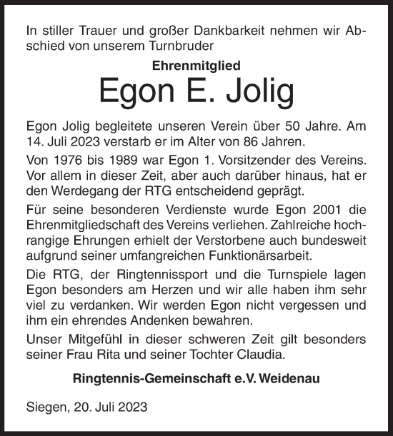 Traueranzeige von Egon E. Jolig von Siegener Zeitung