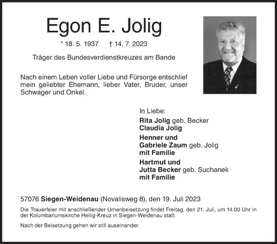Traueranzeige von Egon E. Jolig von Siegener Zeitung