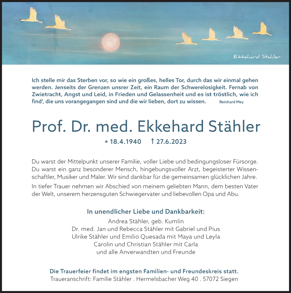  Traueranzeige für Ekkehard Stähler vom 01.07.2023 aus Siegener Zeitung