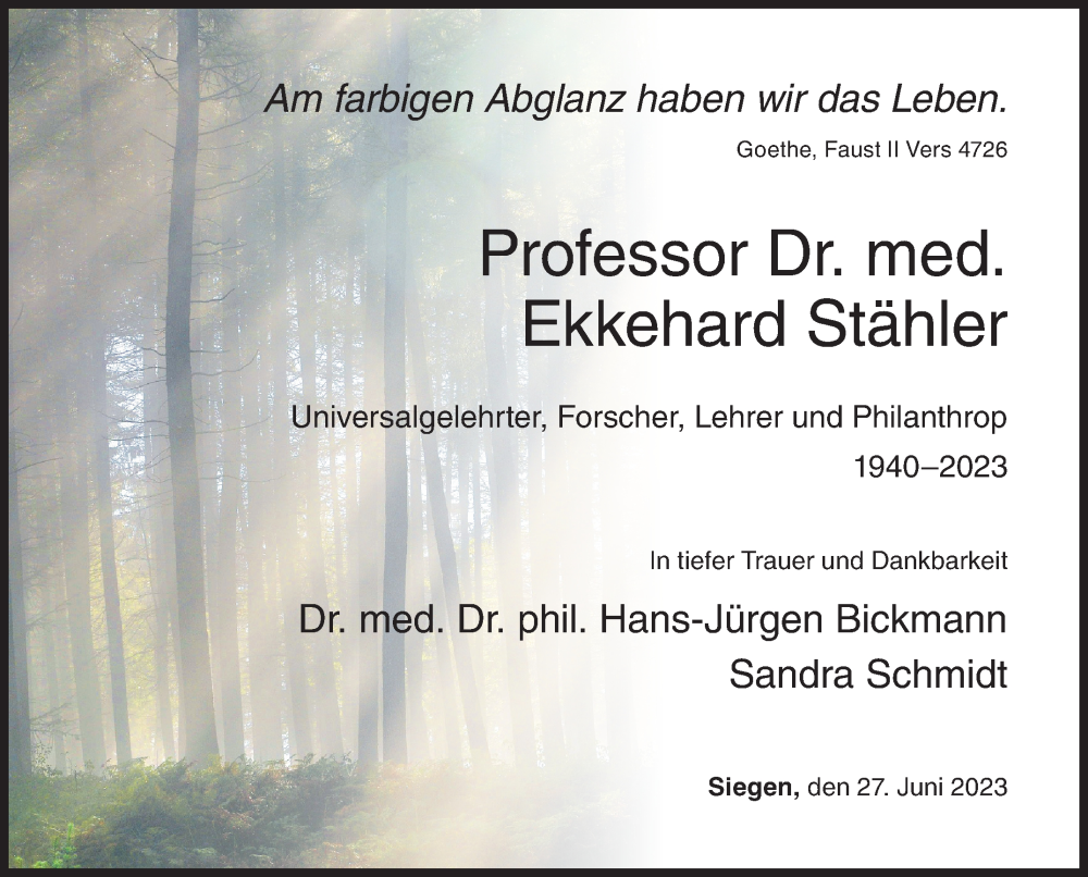  Traueranzeige für Ekkehard Stähler vom 01.07.2023 aus Siegener Zeitung