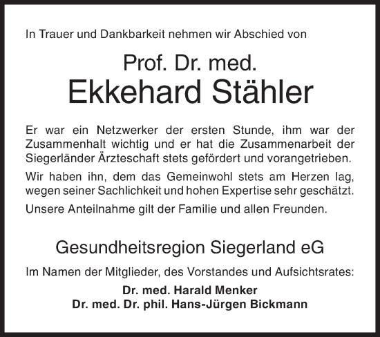 Traueranzeige von Ekkehard Stähler von Siegener Zeitung