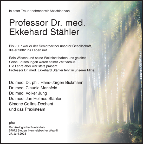 Traueranzeige von Ekkehard Stähler von Siegener Zeitung