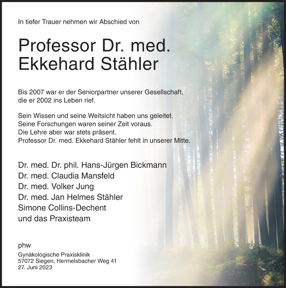  Traueranzeige für Ekkehard Stähler vom 01.07.2023 aus Siegener Zeitung
