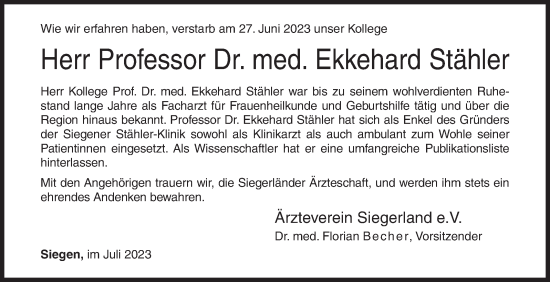 Traueranzeige von Ekkehard Stähler von Siegener Zeitung