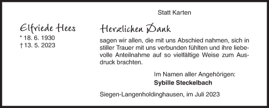 Traueranzeige von Elfriede Hees von Siegener Zeitung
