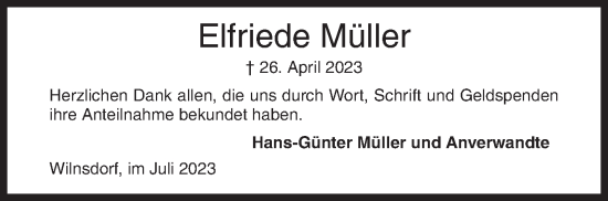Traueranzeige von Elfriede Müller von Siegener Zeitung