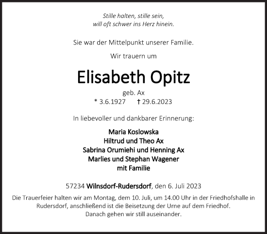 Traueranzeige von Elisabeth Opitz von Siegener Zeitung