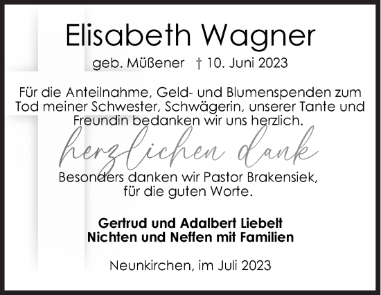 Traueranzeige von Elisabeth Wagner von Siegener Zeitung