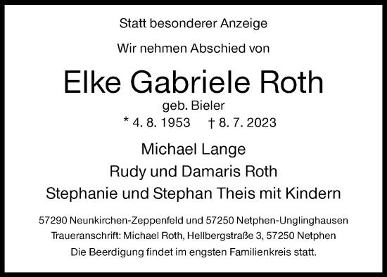 Traueranzeige von Elke Gabriele Roth von Siegener Zeitung