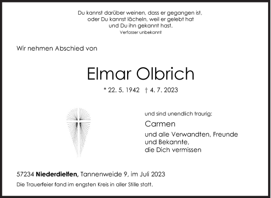 Traueranzeige von Elmar Olbrich von Siegener Zeitung