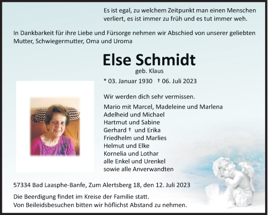 Traueranzeige von Else Schmidt von Siegener Zeitung