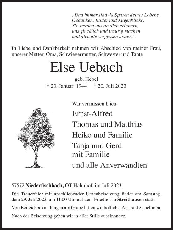 Traueranzeige von Else Uebach von Siegener Zeitung