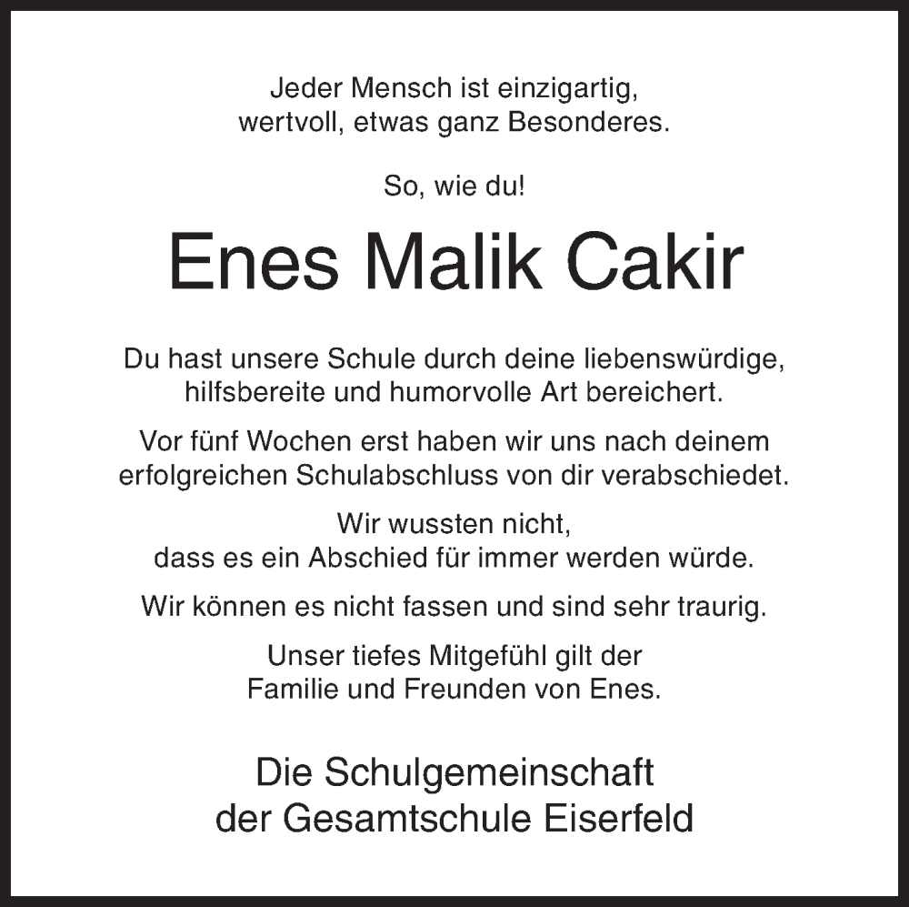  Traueranzeige für Enes Malik Cakir vom 29.07.2023 aus Siegener Zeitung