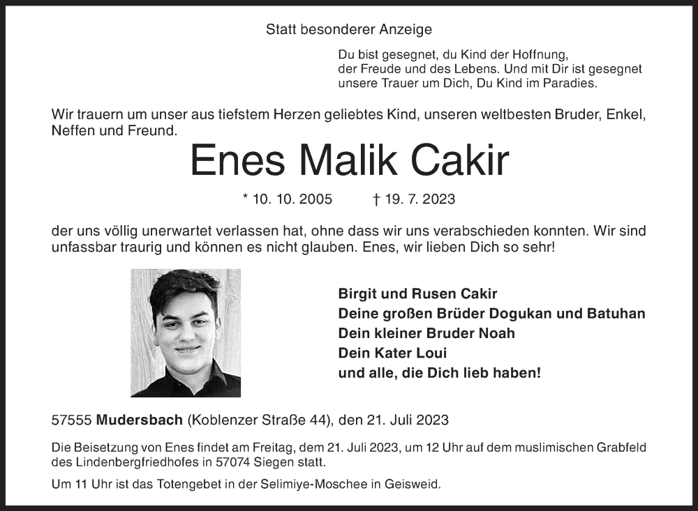  Traueranzeige für Enes Malik Cakir vom 21.07.2023 aus Siegener Zeitung