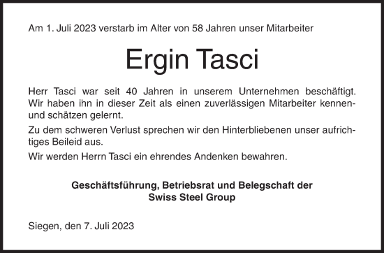 Traueranzeige von Ergin Tasci von Siegener Zeitung