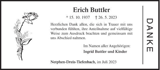Traueranzeige von Erich Buttler von Siegener Zeitung