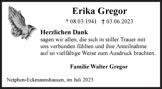 Traueranzeige von Erika Gregor von Siegener Zeitung