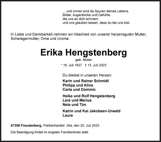 Traueranzeige von Erika Hengstenberg von Siegener Zeitung