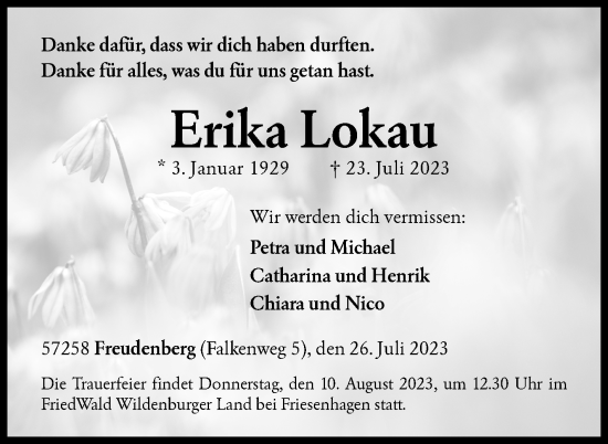 Traueranzeige von Erika Lokau von Siegener Zeitung
