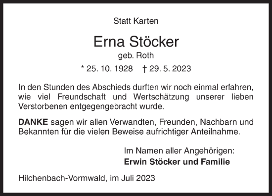 Traueranzeige von Erna Stöcker von Siegener Zeitung