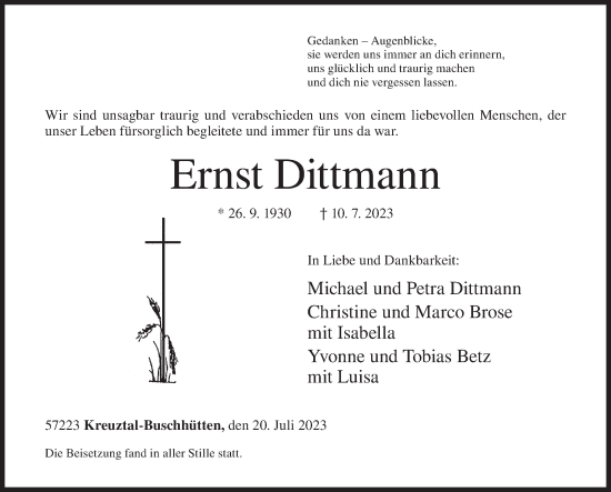 Traueranzeige von Ernst Dittmann von Siegener Zeitung