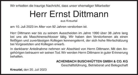 Traueranzeige von Ernst Dittmann von Siegener Zeitung